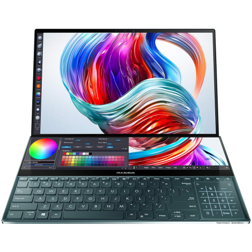 ASUS ZENBOOK PRO DUO 15 UX581GV-HM7201T TOUCHSCREEN LAPTOP , 9TH GENERATION INTEL CORE I7 – 9750H PROCESSOR , 32GB RAM , 1 TB SSD, 15.6" UHD OLED, DISCRETE NVIDIA GEFORCE RTX ,CHICLET BACKLIT KEYBOARD WITH NUM-KEY, FINGER PRINT READER, WINDOWS 10 HOME, MSOFFICE HOME & STUDENT 2019, CELESTIAL  BLUE COLOR.